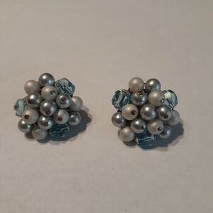 Vintage Stamped Japan Silver White Blue Bead Clip On Earrings Metal Tone